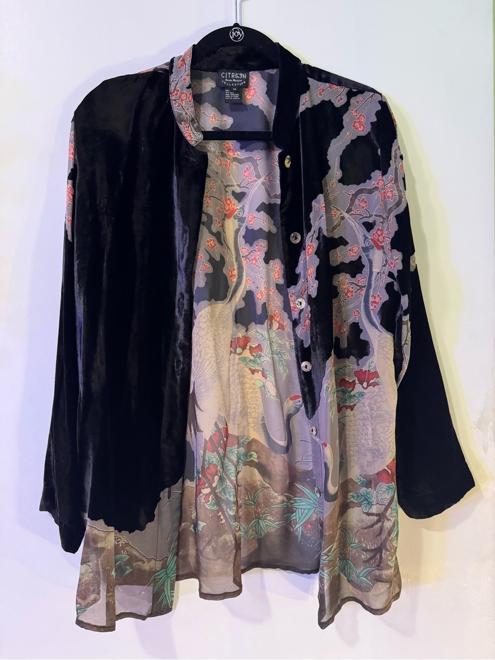 Citron Black Velvet Kimono Jacket with Pink Floral Lining
